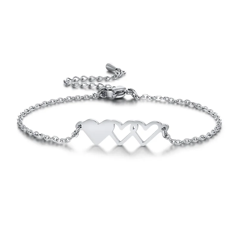 

Three Heart Bracelet Silver Color Charm Chain Link Stainless Steel Friendship Bracelet Sister Jewelry