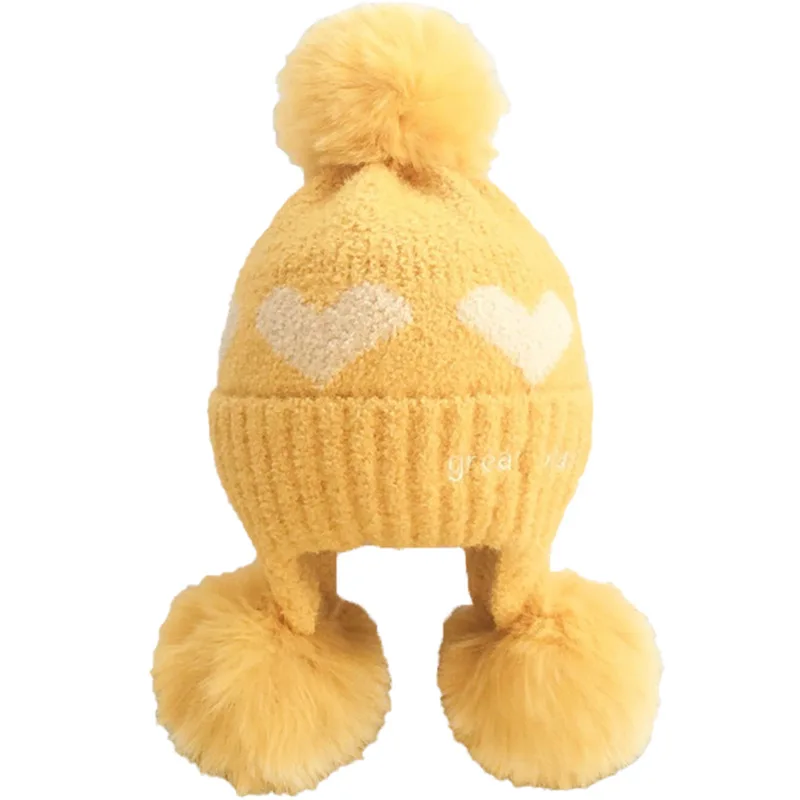 

Children Hat Winter Thick Warm Wool Super Cute Love Baby Knitted Hat Boys Girls Ear Protection Hair Ball Furry Cap High Quality