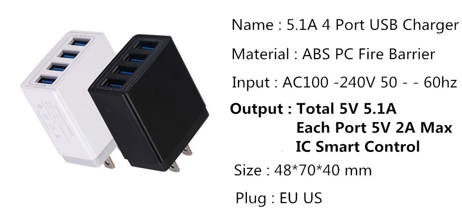 5.1A 4 порта USB зарядное устройство адаптер дорожное настенное зарядное устройство мобильный телефон быстрое зарядное устройство для iPhone X 8 6s Plus для samsung смартфон