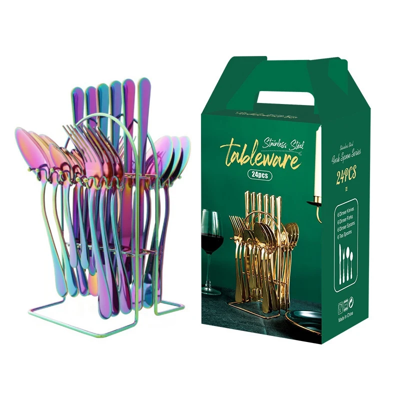 

24PCS Stainless Steel Tableware Set Gold Plated Knife Fork Spoon With Storage Rack Home Kitchen Restaurant Dinnerware Gift Set