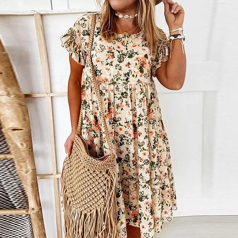 

Women Summer Floral Dress Bohemian Ruffles Short Sleeve A-Line Party Dress Lady Elegant O-neck Mini Loose Beach Dresses Vestidos