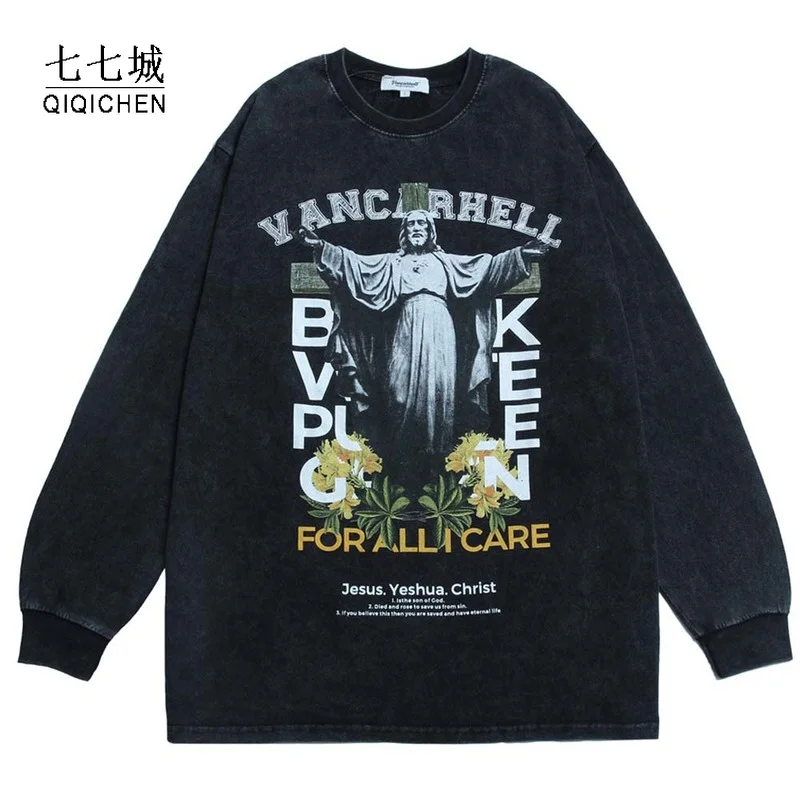 

Hip Hop Washed Long Sleeve T Shirts Men Statue Letter Print Streetwear Oversize Cotton Pullover Punk Harajuku Autumn Tops Spring