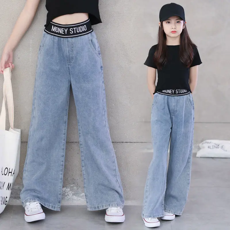 

Teenage Girls Jeans Spring Autumn Casual Fashion Loose Blue Kids Leg Wide Pants School Children High Waist Trousers