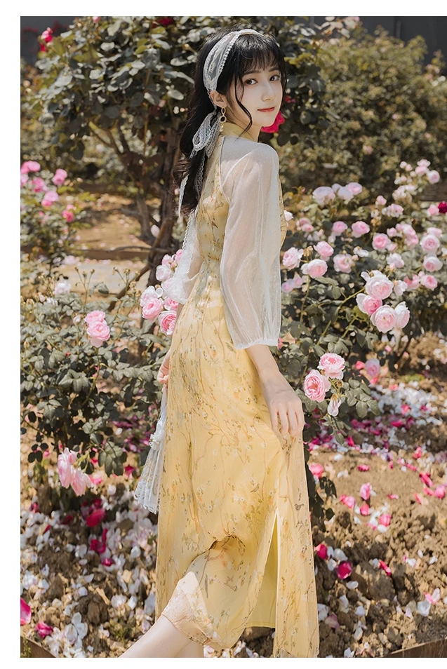 

COIGARSAM Cheongsam Print Women dress Vintage Dresses Lemon Yellow 8926