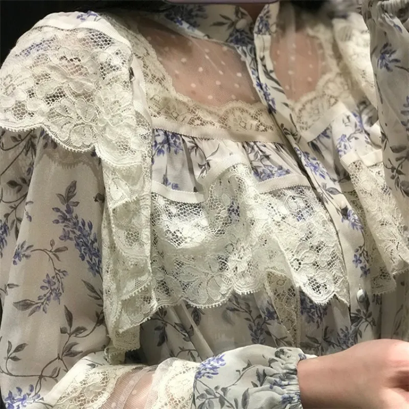 Женское шифоновое платье с длинным рукавом кружевное лоскутное цветочным