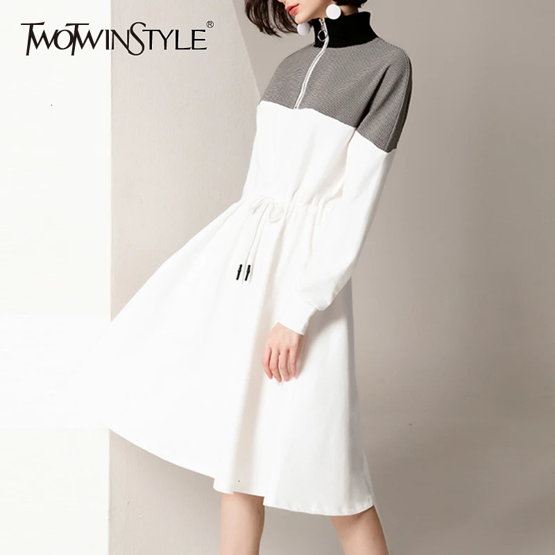 TWOTWINSTYLE модного цвета, в стиле пэчворк, клетчатое платье для женщин, стоячий воротник, высокая талия, платья на завязках, Женская мода, осень, Новинка
