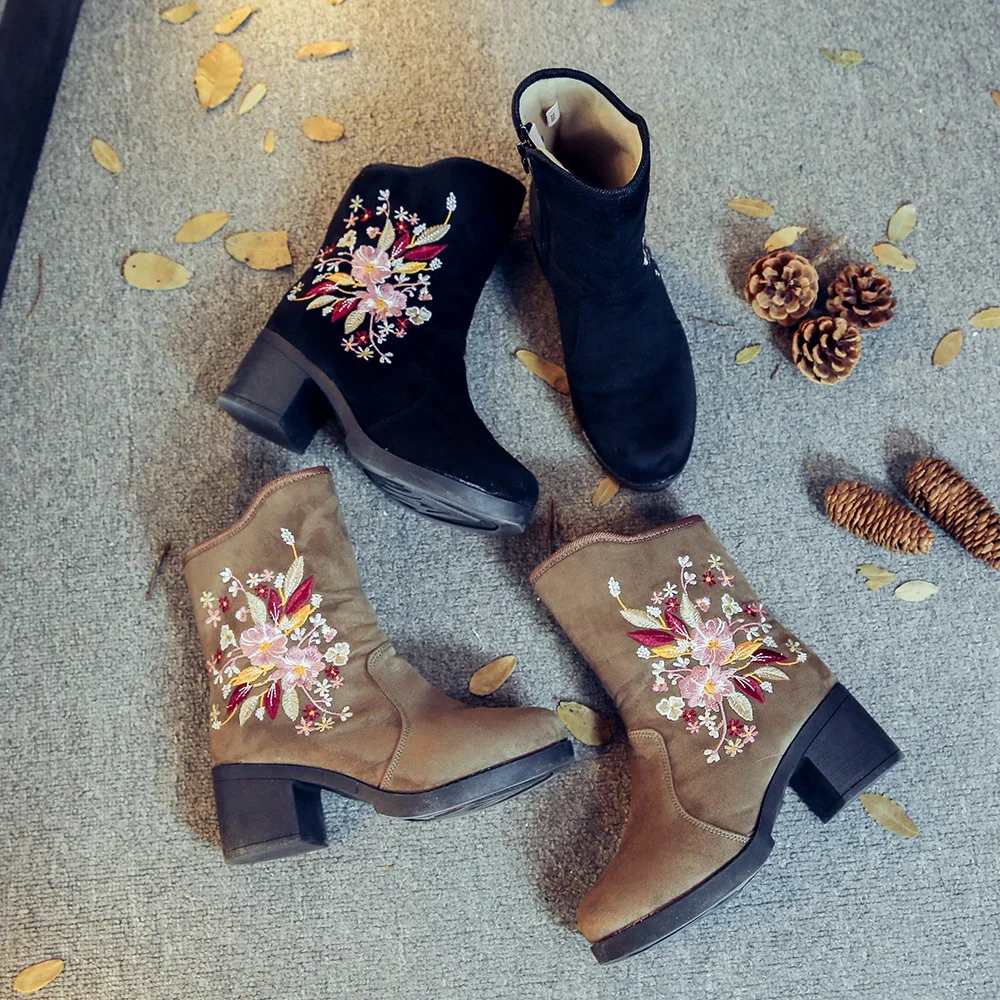 Женские хлопковые ботильоны Veowalk с вышивкой ботинки цветочной в стиле ретро на