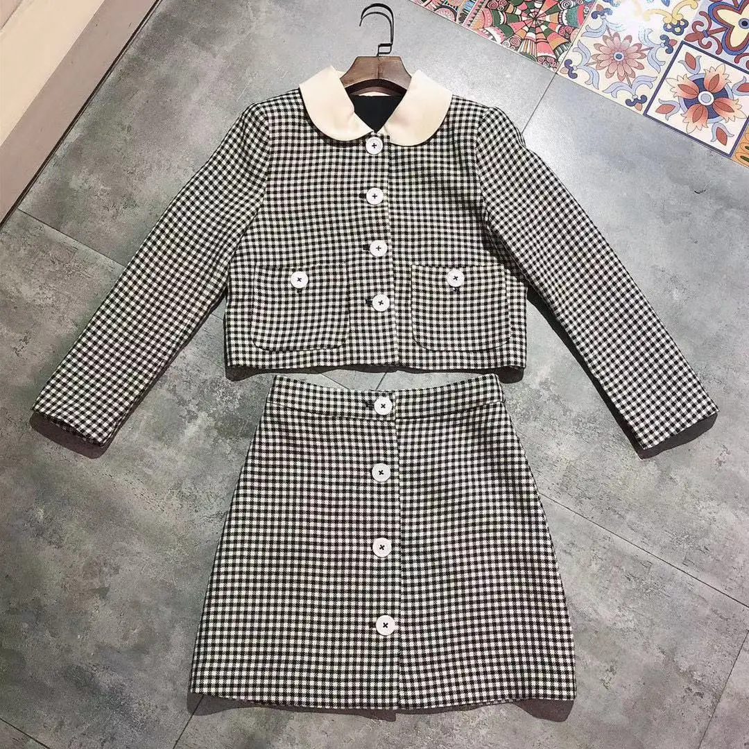 

Fyion STREET 2021 New Designer Runway Woolen Skirt Set Women's Long Sleeves Single Breasted Blazer + Mini Skirt Plaid Print Set