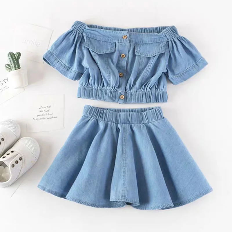 

Летний комплект детской одежды для маленьких девочек, новинка 2021, ковбойский однотонный топ с коротким рукавом для маленьких девочек + юбка,...