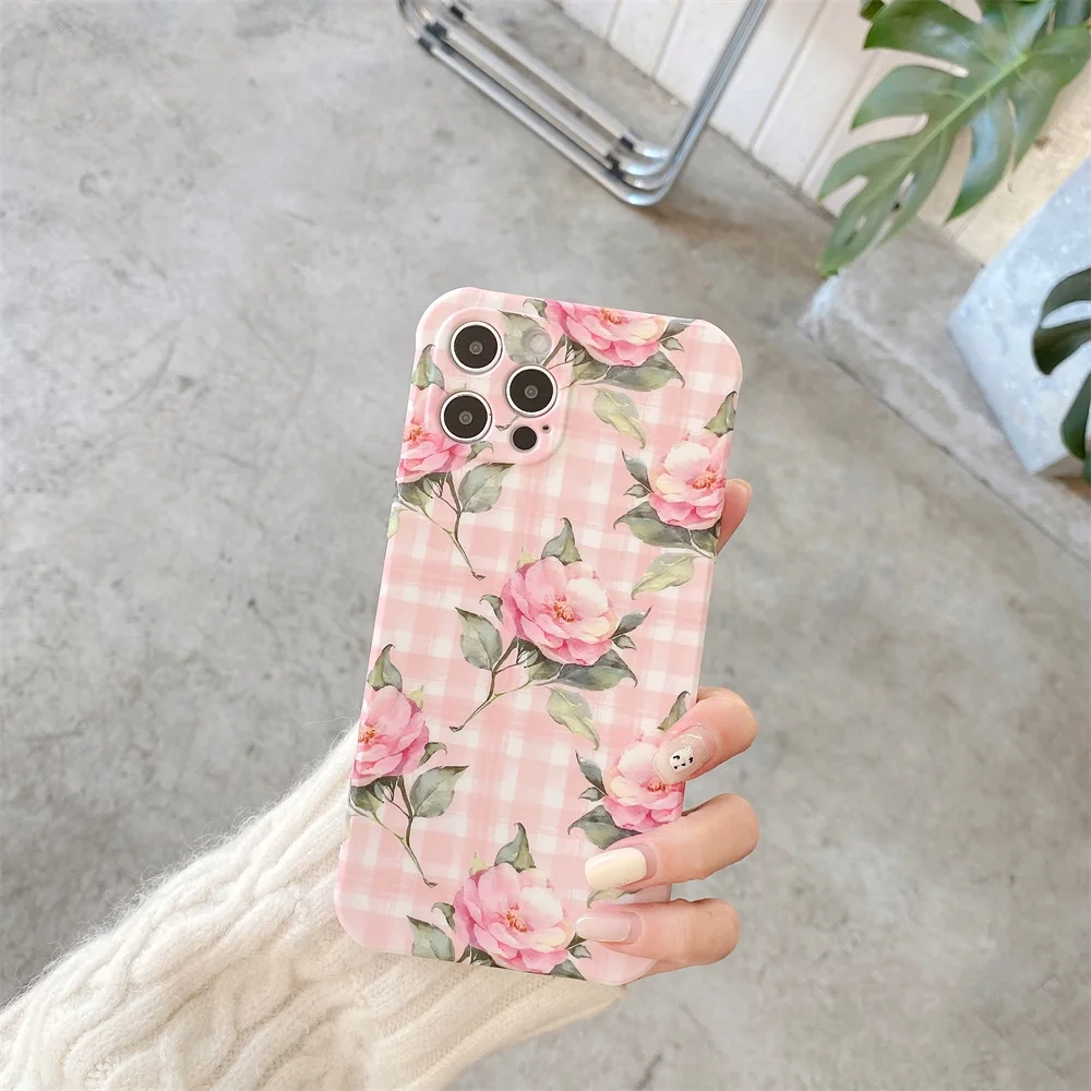 

Four Corner Anti Falling Pink Plaid Grey Flower Phone Case Cover For Iphone 12 12mini 12pro 11 11pro Max 7 8Plus Xs Xr Xs Max
