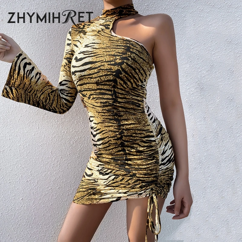 

ZHYMIHRE Tiger Print One Shoulder Side Ruched Bodycon Dress Flare Sleeve Mock Neck Mini Sexy Dress Hollow Out Vestidos