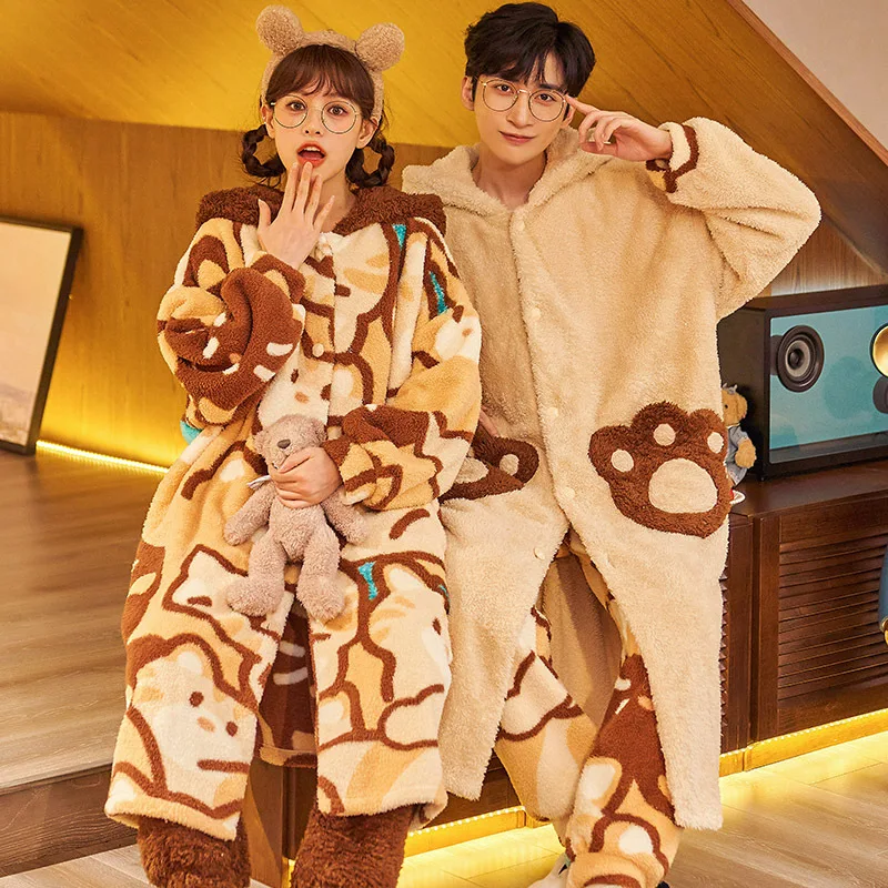 

Couple Pajamas Suit Home Service Autumn and Winter New Plush Thickening Winter Long-sleeved Warm Cartoon Long Fashion Pajama