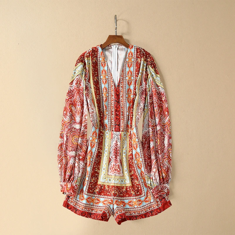 Инди фолк Комбинезоны для женщин цветочный принт фонарь рукав Высокая талия