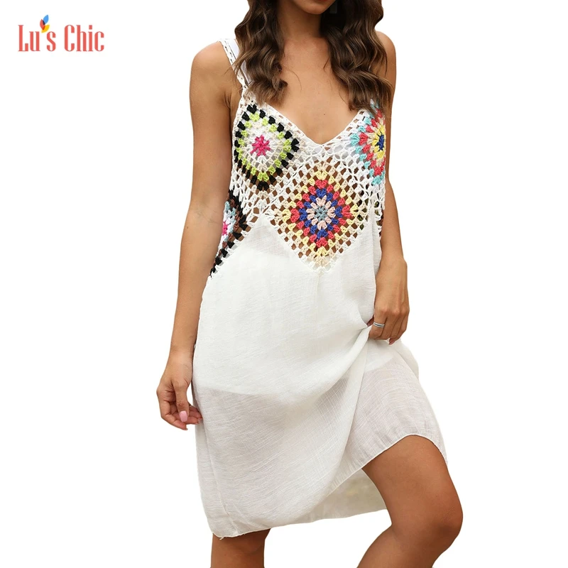 

Lu's Chic Women Knit Crochet Summer Sleeveless Casual V Neck Backless Dress Sundress Sexy Floral Spaghetti Strap