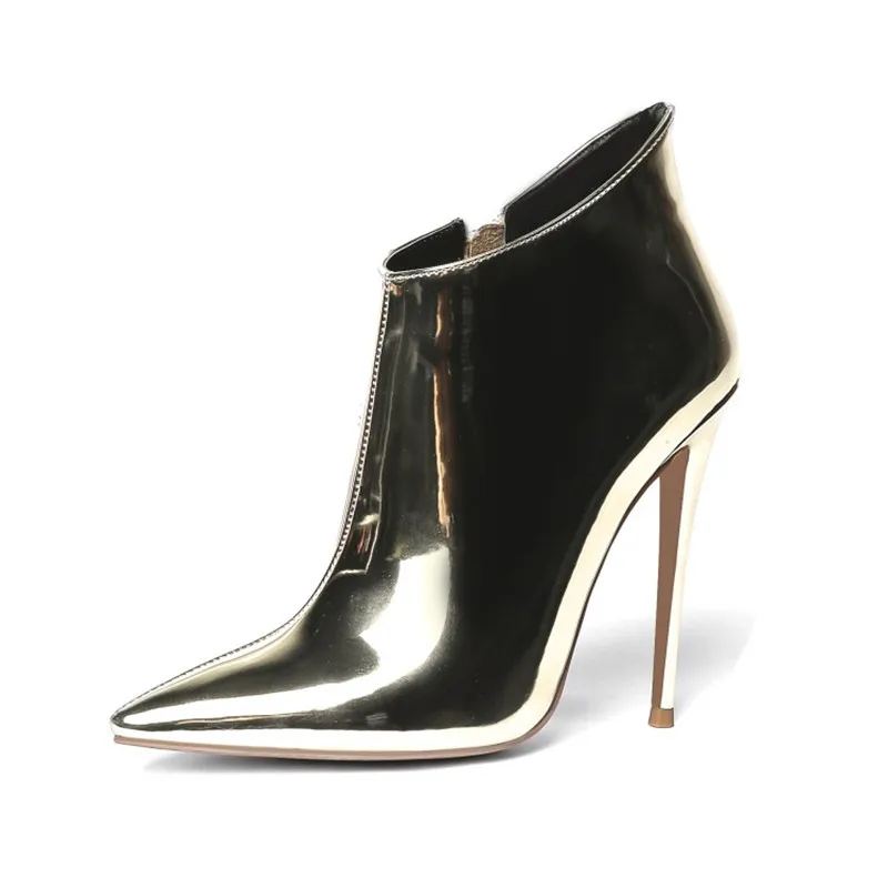 Женские зимние ботинки из лакированной кожи золотистые/Серебристые