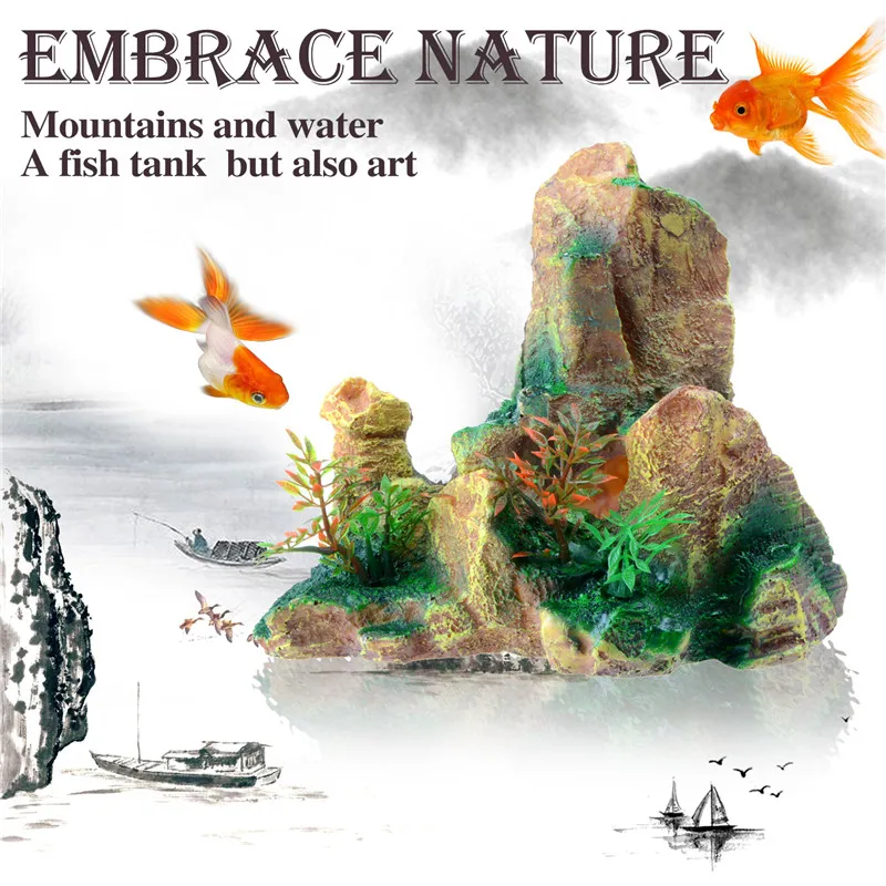 

Saim Resin Aqua Rockery Mountain View Aquarium Ornament Tree Fishes Shrimp House Cave Stone Fish Tank Decoration Plastic Plants