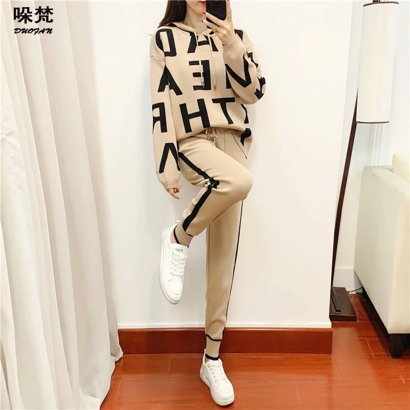 

DUOFAN Women's Tracksuit Knitted Letter Print Hooded Sweatshirt And Striped Pencil Pants 2 Piece Set Casual Pullover Trousers