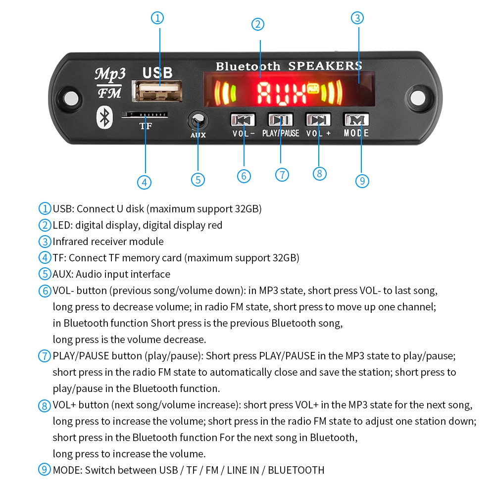 Автомобильный MP3-плеер Bluetooth V5.0 USB-модуль записи FM-радио динамик | Электроника