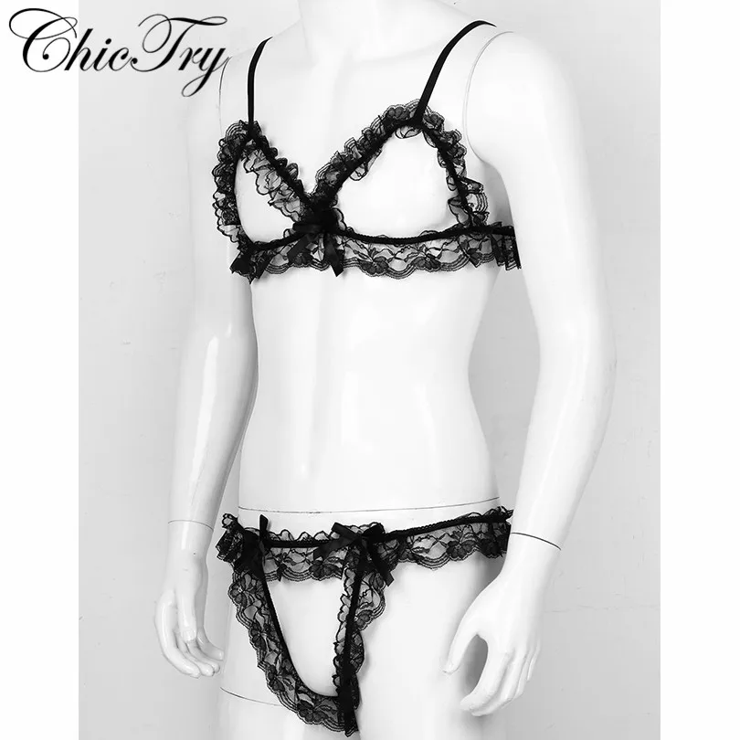 Мужской кружевной набор белья бикини без рукавов с трусиками