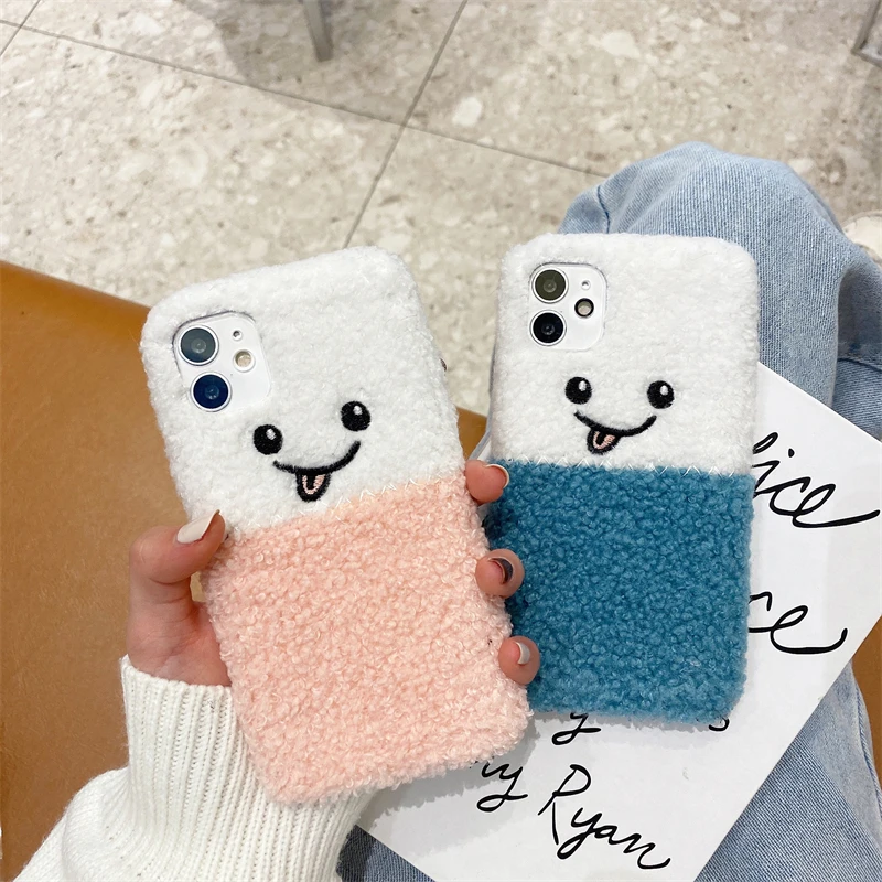 

Signalshin Funny Smiling Fluffy Fur Phone Case For iPhone 12 Mini SE XR XS 11 Pro MAX 7 8 Plus Plush Warm Soft Touch TPU Cover