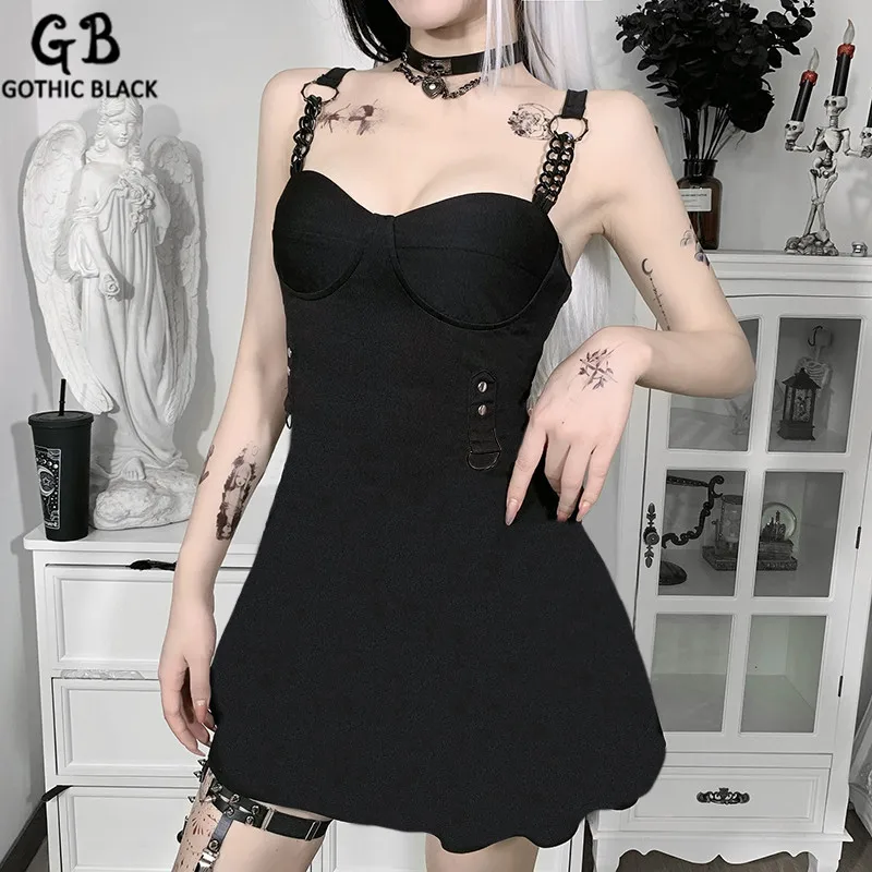 

Женское платье на бретельках Gothblack, однотонное лоскутное платье с цепочкой на лето, высокая талия, тонкая уличная одежда, темное сексуальное...