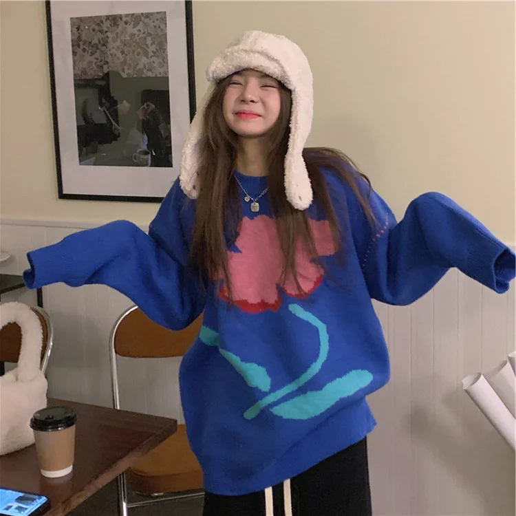 

Осень-зима 2021, новый модный вязаный Топ в ленивом стиле с тонкими цветами, Свободный пуловер с круглым вырезом, свитер