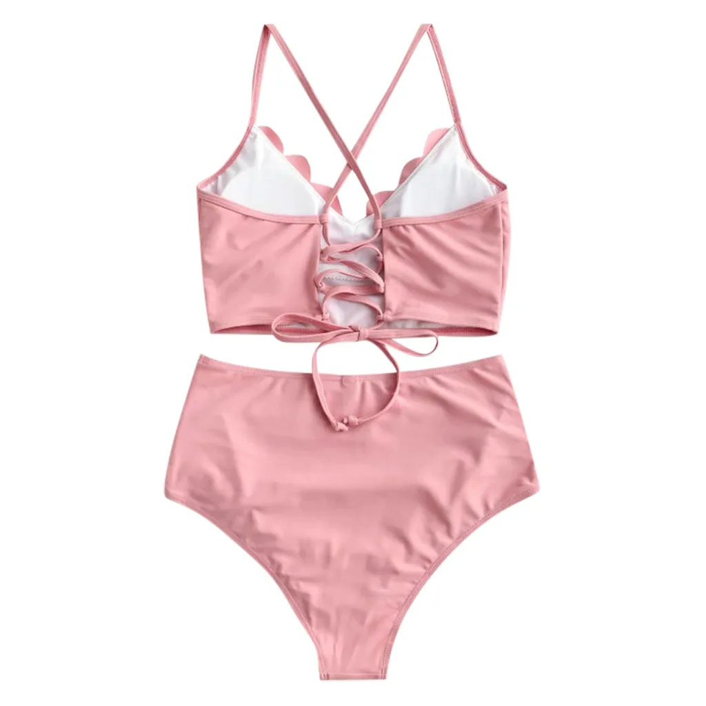 Swimming Suit 2021 Women Sexy Scalloped Lace-up Ruched Tankini Swimsuit Beachwear Female Biquini Maillot De Bain Femme |