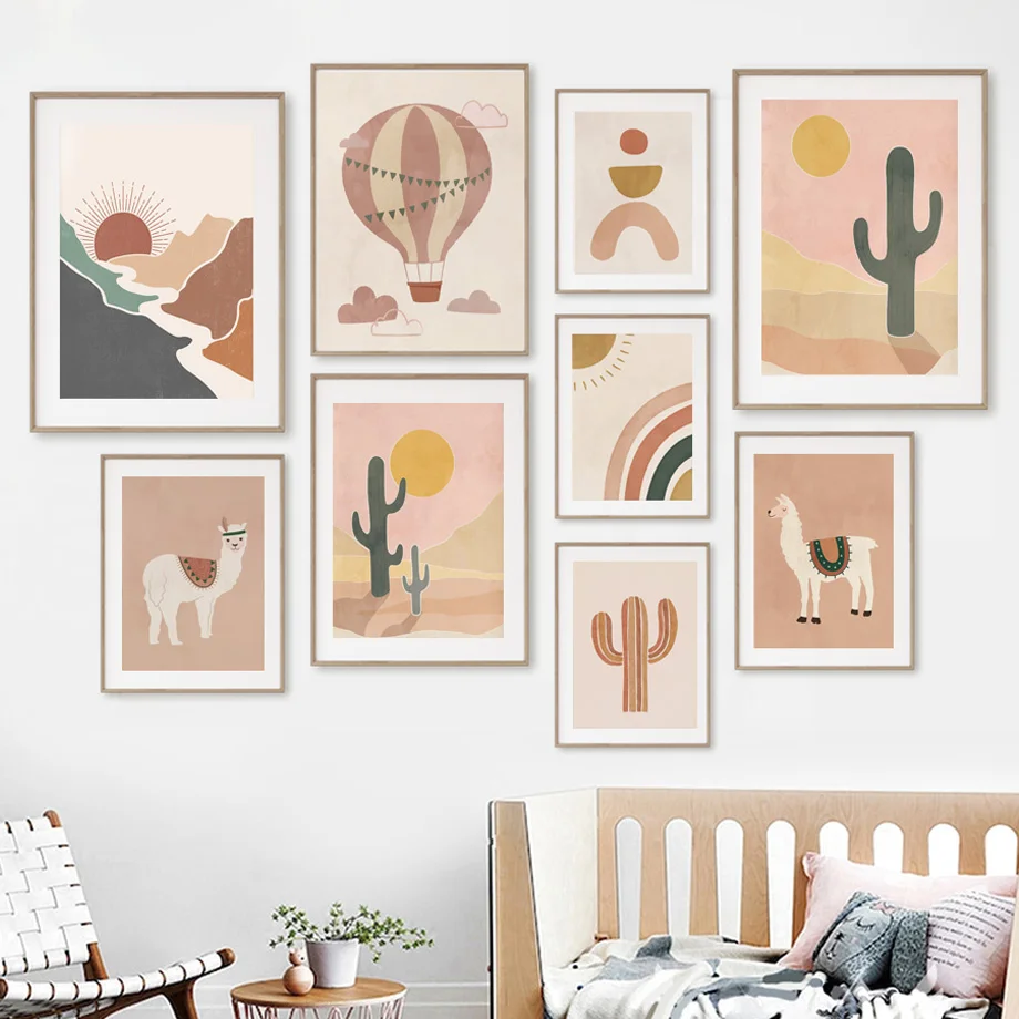 

Llamas Rainbow Sun Cactus Abstract Landscape Boho Nursery Wall Art Canvas Painting Posters And Prints Wall Pictures Kids Room