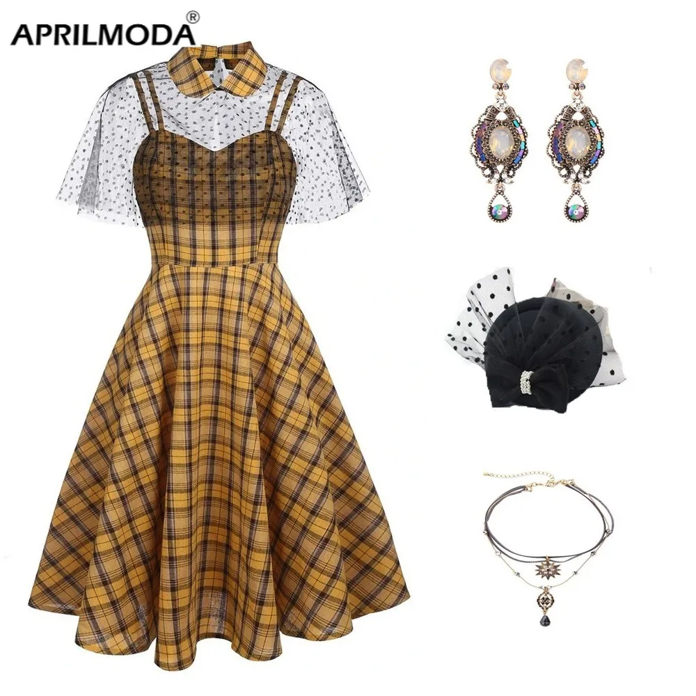 Винтажное стильное летнее платье 50s 60s женское кружевное с принтом клетчатое