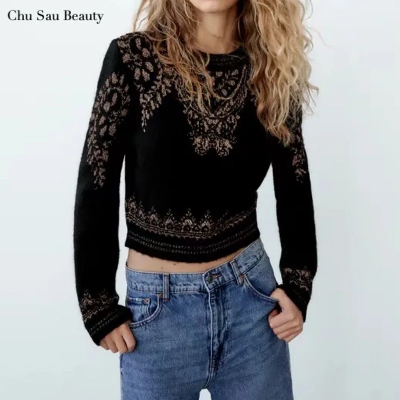 

Женский жаккардовый свитер с круглым вырезом, с длинным рукавом