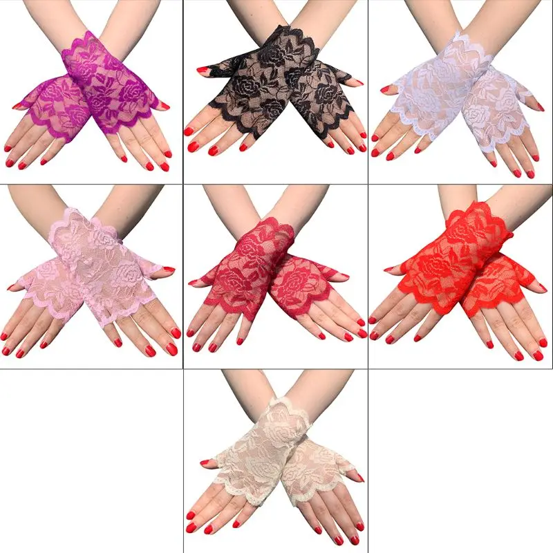 

Women Summer Floral Lace Fingerless Gloves UV Sun Protection Driving Mittens