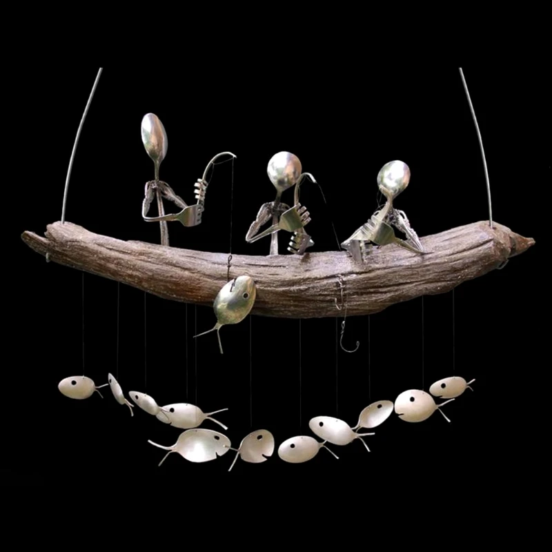 Angeln Mann ветряные колокольчики Löffel Fisch Skulpturen Windchime для дома и улицы украшение | Дом
