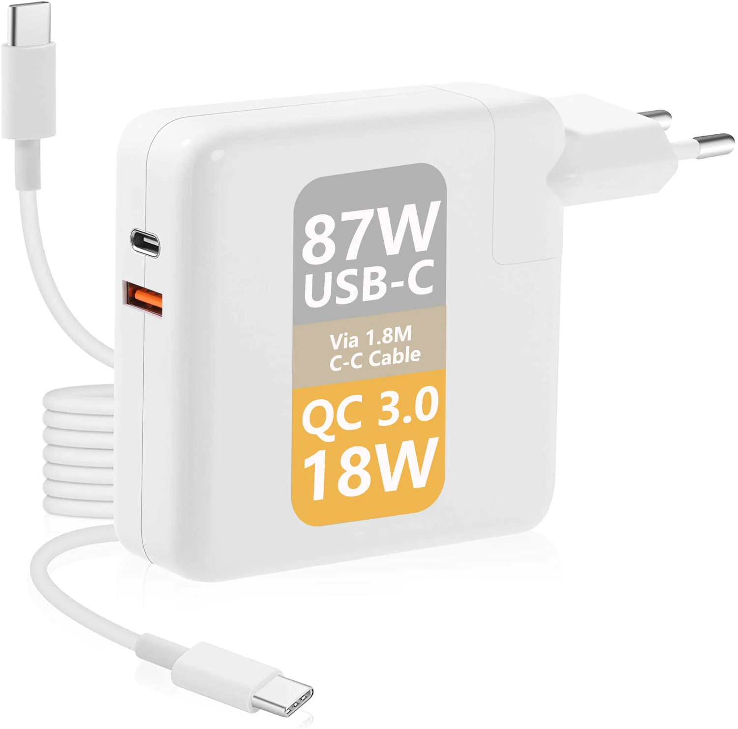 

105W Type-C With 87W USB C and 18W QC3.0 Power Adapter for MacBook Pro/Air, Surface Book 2 3 Pro 7 iPad iPhone 12 11 and more