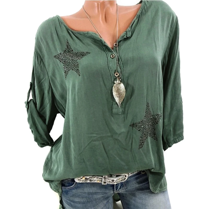 Женские осенние футболки пятиугольные стразы с длинными рукавами пуловер