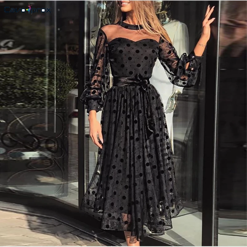 Сетчатое платье в горошек с прозрачным рукавом плиссированное для женщин