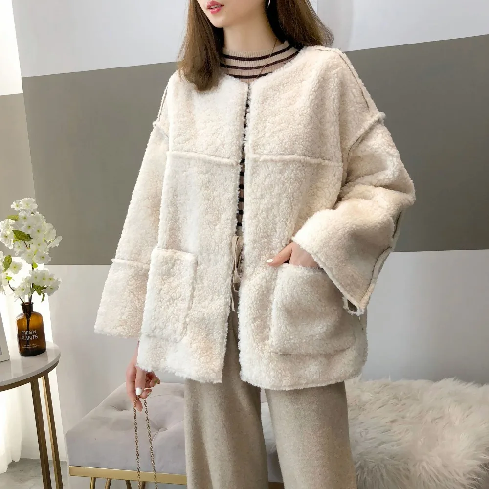 Элегантное шерстяное пальто из искусственного меха женская мода осень зима теплая мягкая меховая куртка женская плюшевая верхняя одежда с карманами