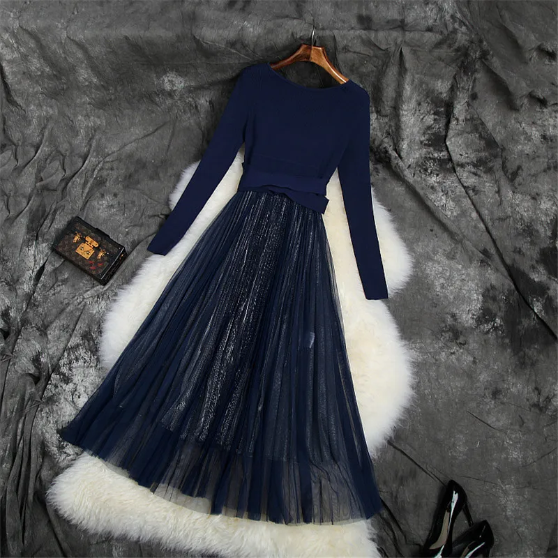 

2019 New Fashion Designer Fall Winter Sweater Dress Women Elegant Long Sleeve Knitted Patchwork Midi Tulle Party Dresses Female
