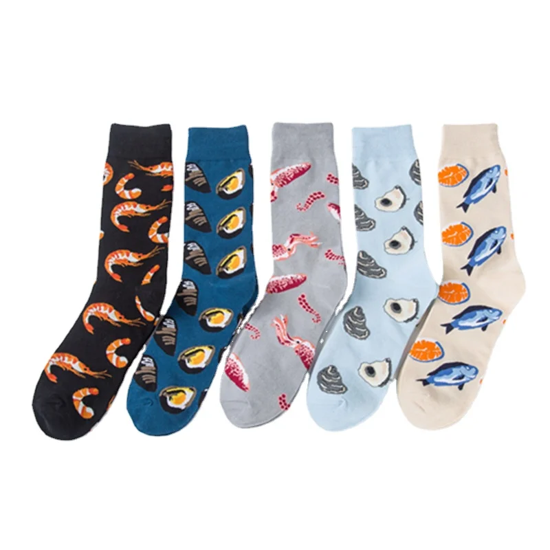 

10 Pairs/Lot Wholesale Price Fashion Color Men's Street Combed Cotton Socks Personalized Novelty Seafood Series Socks