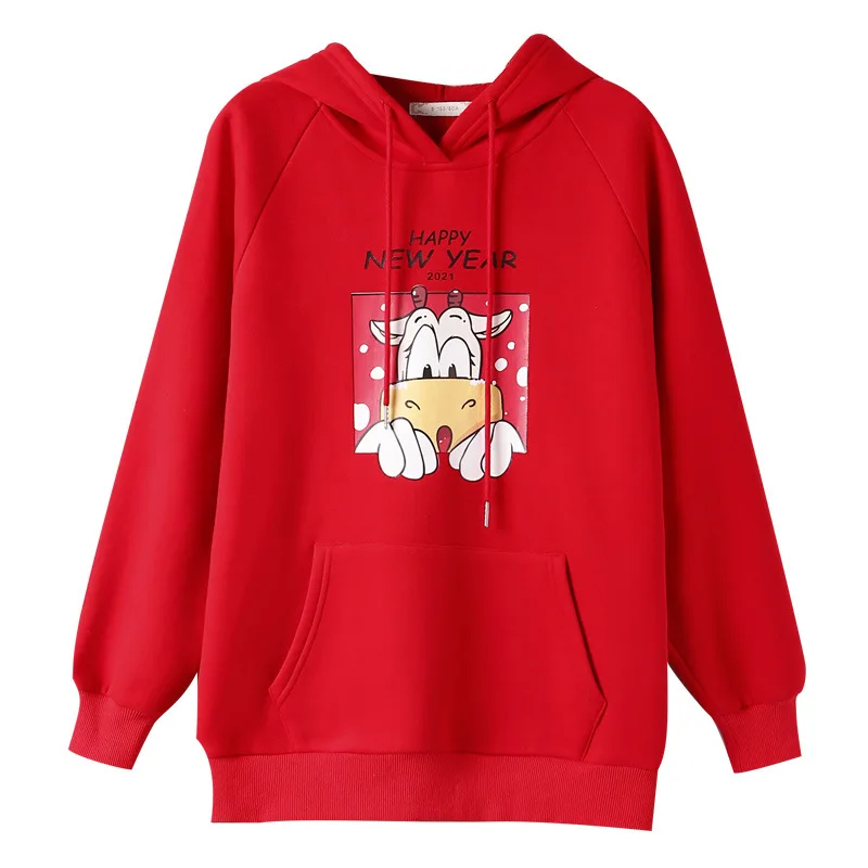 

2021 Korean spring new women's loose hooded top new year's fortune red plush sweater