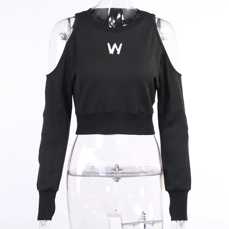 

Jane Deiune 2021 New Women Hip Hop O-Neck Long Sleeved Off Shoulder Tops Lady Sexy Streetwear Short Style Fleece