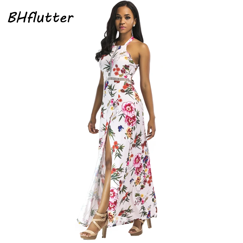 

Sexy Halter Backless Dress Women 2020 Summer Dress Floral Print Long Beach Dress Split Hollow out Bohemian Party Dresses Vestido