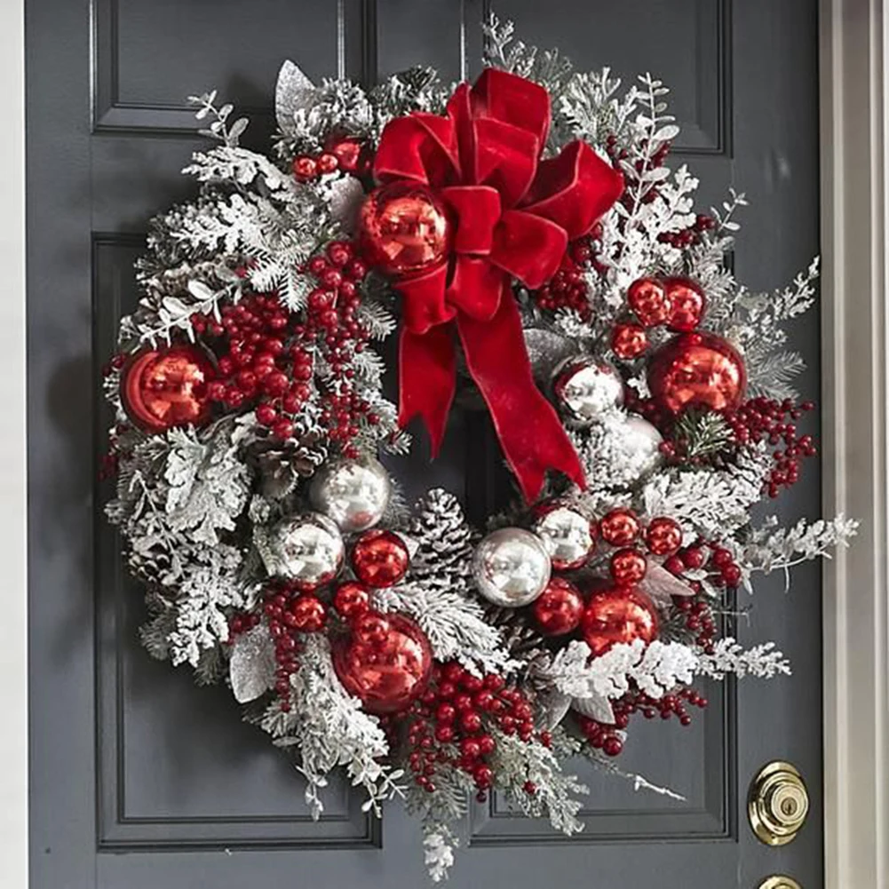 

Christmas Wreath Artificial Pinecone Red Berry Garland Front Door Wall Hanging Ornament with Bow-knot Merry Christmas Decoration