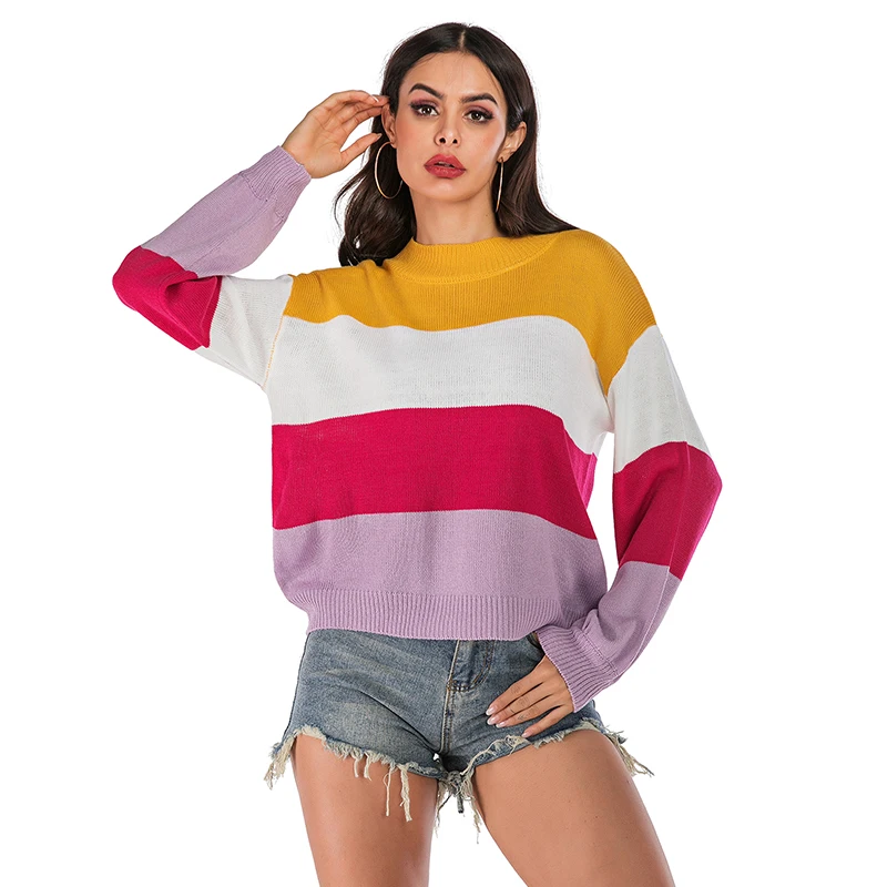 European and American Autumn Winter Women's Knitted Sweater Long-sleeved Wild Color Round Neck Shirt | Женская одежда
