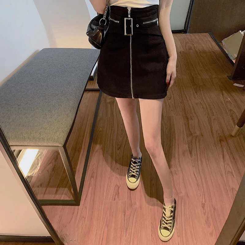 

Ins European Fashion High Waist Women Denim Skirts A-Line Slim Bodycon zipper Bottom With Belt