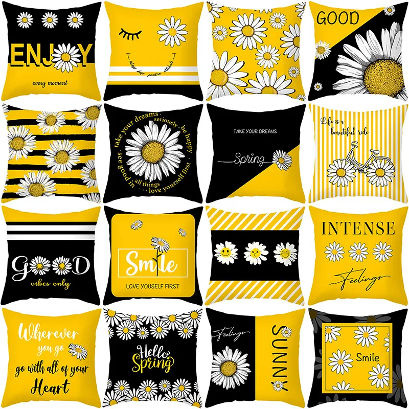 

New Fashion Nordic Black Yellow Throw Pillow Case Polyester Office Sofa Car Daisy Pillowcase Cushion Covers 45x45cm