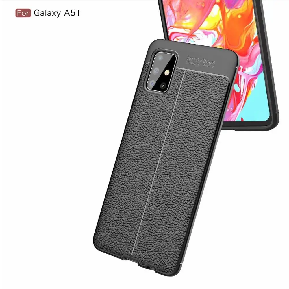 Slim Fit Shockproof Flexible Soft Rubber TPU Gel Lichi Pattern Protective Case Cove+glass film for Samsung Galaxy A51 | Мобильные