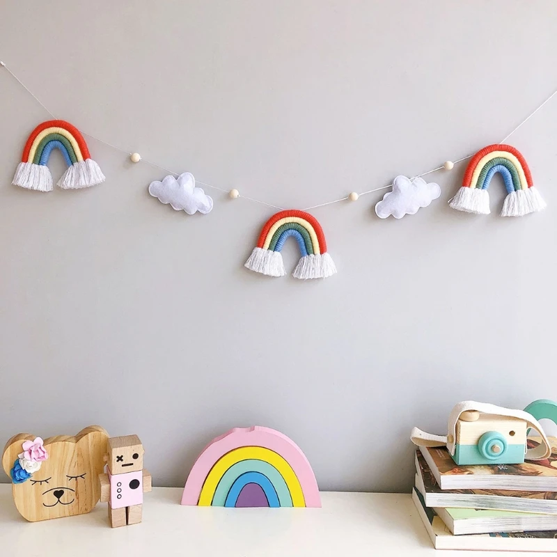 

Nordic Wooden Beads Garland with Felt Cloud Knitting Wool Rainbow Tassel Pendant