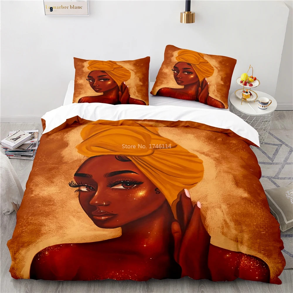 

African Fashion Beautiful Girl Bedding Set 3D Cartoon African Woman Printed Duvet Cover Set Twin Full Queen King Size Bed Linens