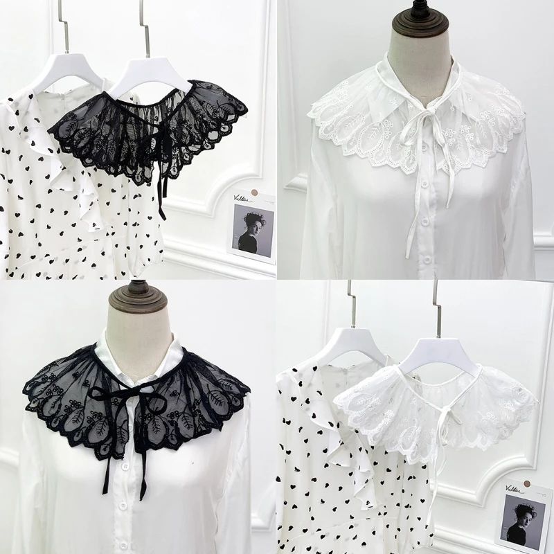

Hollow Out Mesh Decorative Fake Collar Shawl Sweet Leaves Embroidered Necklace Half Shirt Pleated Tulle Mini Poncho