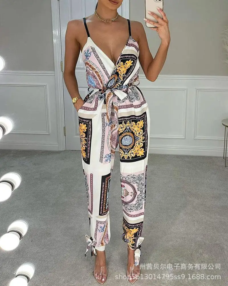 

Jumpsuit Women Sexy Camisole Bodysuit Summer Office Casual Slim Lace Up Print Playsuits Long Sleeve Sleeveless De Moda Rompers